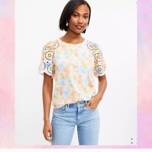 Loft Hydrangea Eyelet Flutter Sleeve Tee. EUC. Feminine Romantic Coquette